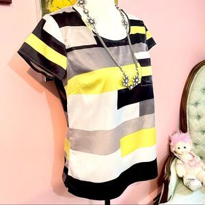 The Limited Silky Abstract Chartreuse & Black Square Print Short Sleeve Blouse